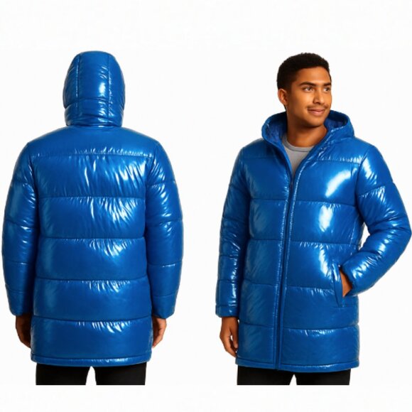 Weekend sale Men's Puffer Hoodie Quilted Patent Nylon Jacket BLUE XS $398 NWOT - Picture 2 of 8